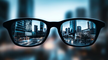 Reflections of a bustling city captured in stylish sunglasses on a vibrant urban street