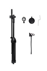 “Professional black microphone stand with boom arm and pop filter isolated on white back