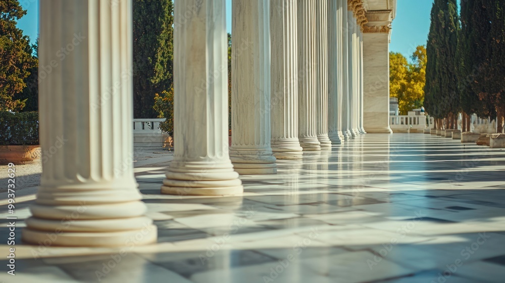 Poster a serene view of marble columns and a polished floor in a classical architectural setting.