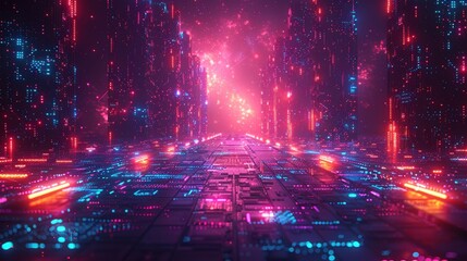 Obraz premium Cybernetic Arena, vibrant energy blocks illuminate a vast void, dynamic neon shapes and colorful lines create a magical ambiance, showcasing a futuristic user interface.