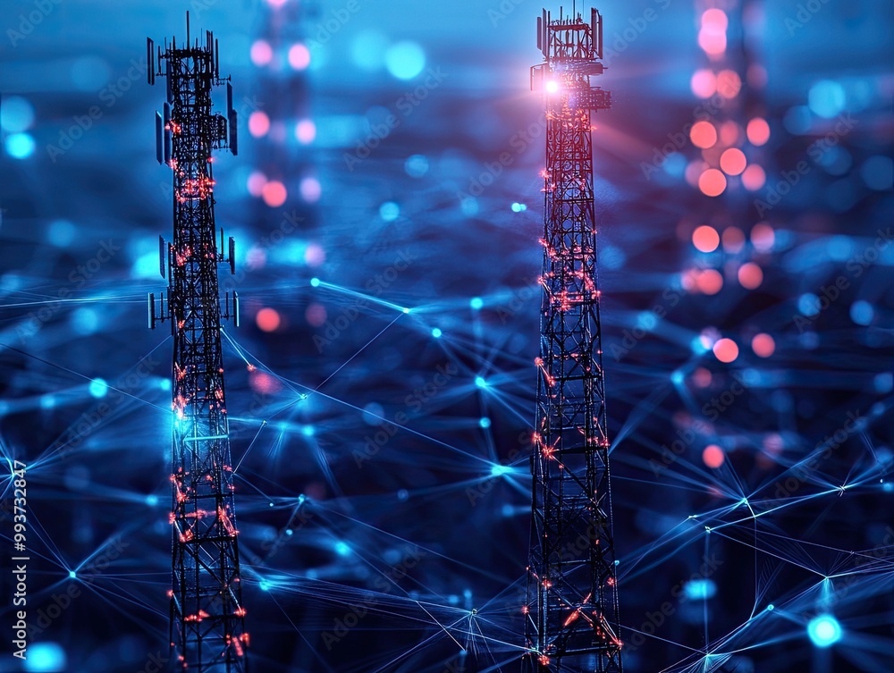 Poster mobile phone network representation, showing cellular towers and connection signals, sleek and tech-