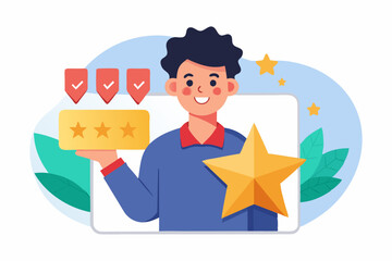 Customer experience, best score rating, client feedback or consumer review, 5 stars rating, like or positive survey, customer satisfaction concept, happy young adult customer holding 5 stars rating