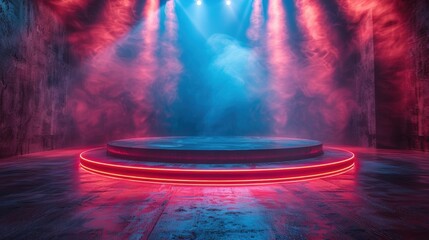 Neon Illumination Dance Floor, vibrant blue and red rays illuminate a lively disco club, creating a magical portal atmosphere with a futuristic teleportation vibe.