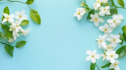 Fototapeta premium A serene arrangement of white flowers and green leaves on a light blue background.