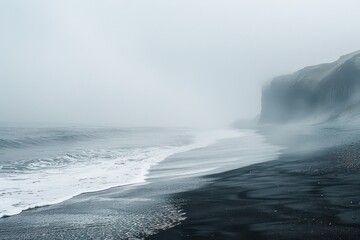 Fototapeta premium A misty Icelandic beach with black sands, waves crashing onshore, and a foggy horizon. Free copy space for text.