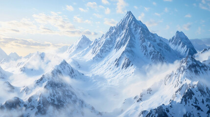 Obraz premium A view extending towards a misty, icy snow-covered mountain, locked in snow from the harsh winter that has followed. The entire mountain and its surroundings are blanketed in deep snow.