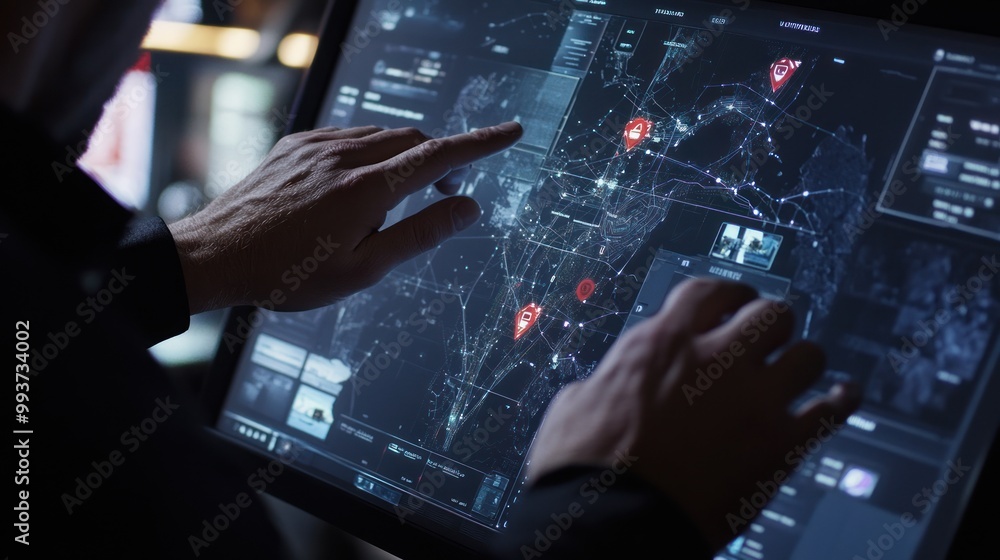 Poster a person interacting with a high-tech touchscreen displaying data and maps.