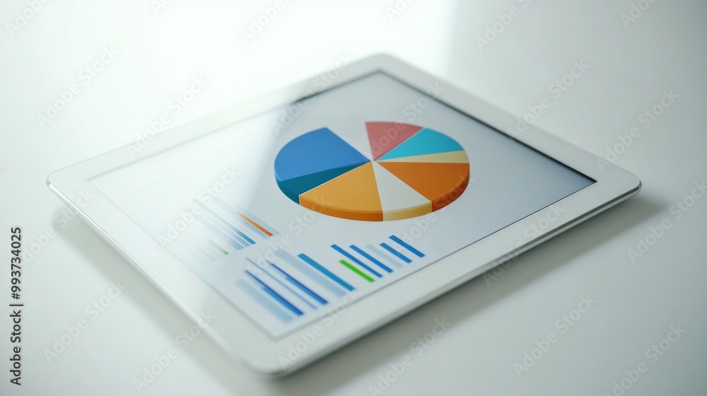 Aufkleber A digital tablet displaying a rotating 3D pie chart, with each segment representing market research data, set against a clean white workspace background.