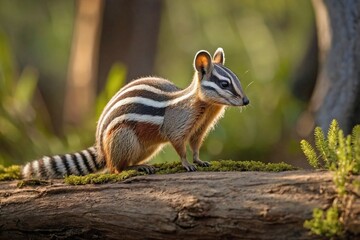 Obraz premium Numbat Climbing Over a Log in a Sunlit Woodland Clearing