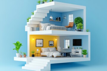 Minimalist cross sectional 3D model of a modern home with open floor plan bright blue background sleek interior design and plant decor emphasizing airy living spaces and minimalistic aesthetics