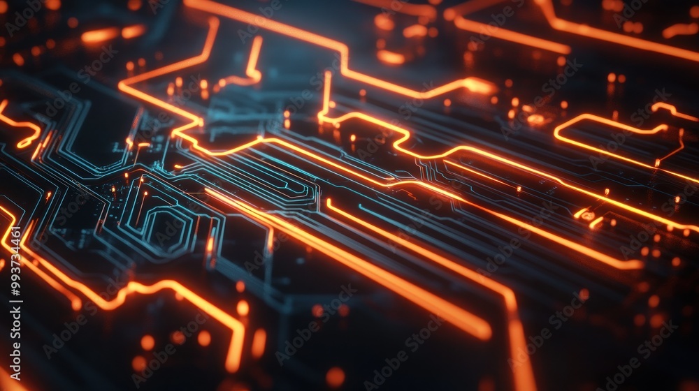 Poster A close-up view of a circuit board with glowing orange lines and intricate patterns.