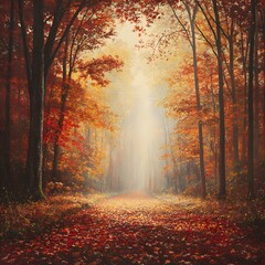 A vast forest of maple and oak trees, their leaves a brilliant mix of red, orange, and yellow. Thick fog rolls between the trees, creating a mystical feel as rays of sunlight peek through the mist. Th