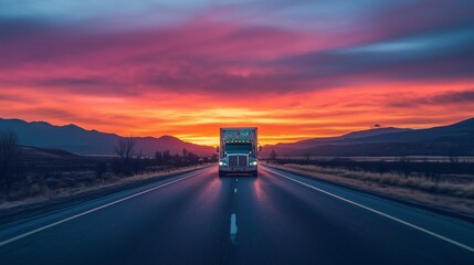 A sunset paints the highway as a truck cruises, symbolizing freedom and adventure on the open road.