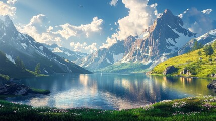 Fototapeta premium A panoramic view of the mountains and lake. Beautiful landscape stunning natural landscape