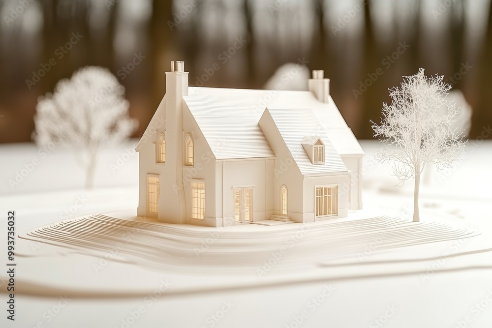 Poster minimalist architectural paper model of a traditional house with clean white textures sharp edges an