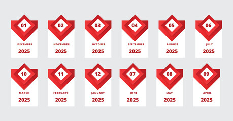 Red Calander 2025 With Month And Date Number Template. Mock Up, Layout Of A Wall Or Desk Simple Calendar