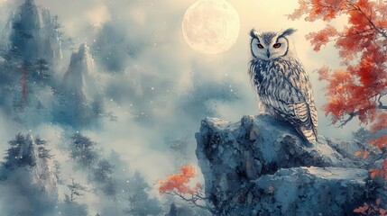 bold ink wash illustration of a regal owl capturing its silent presence with flowing lines and subtle tonal shifts against a moonlit backdrop