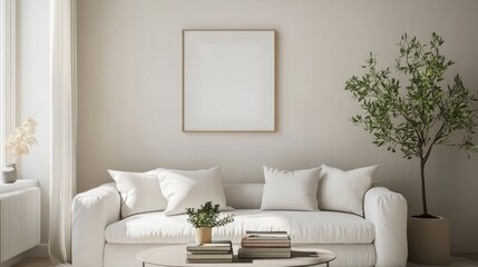 A minimalist living room with a white sofa, decorative plants, and an empty frame.