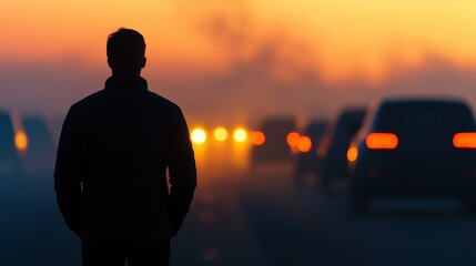 Fototapeta premium A silhouetted figure stands by a busy road at sunset, surrounded by traffic and mist, creating a contemplative atmosphere.