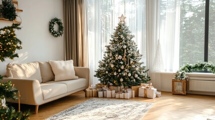 Cozy living room with a beautifully decorated Christmas tree,