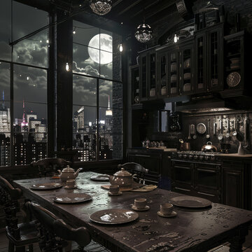 hihg angle shot of gothic medieval kitchen, spacious and sofisticated, with custom furniture and cooking table in the center. There are cups and plates for dinner, black and white colours.