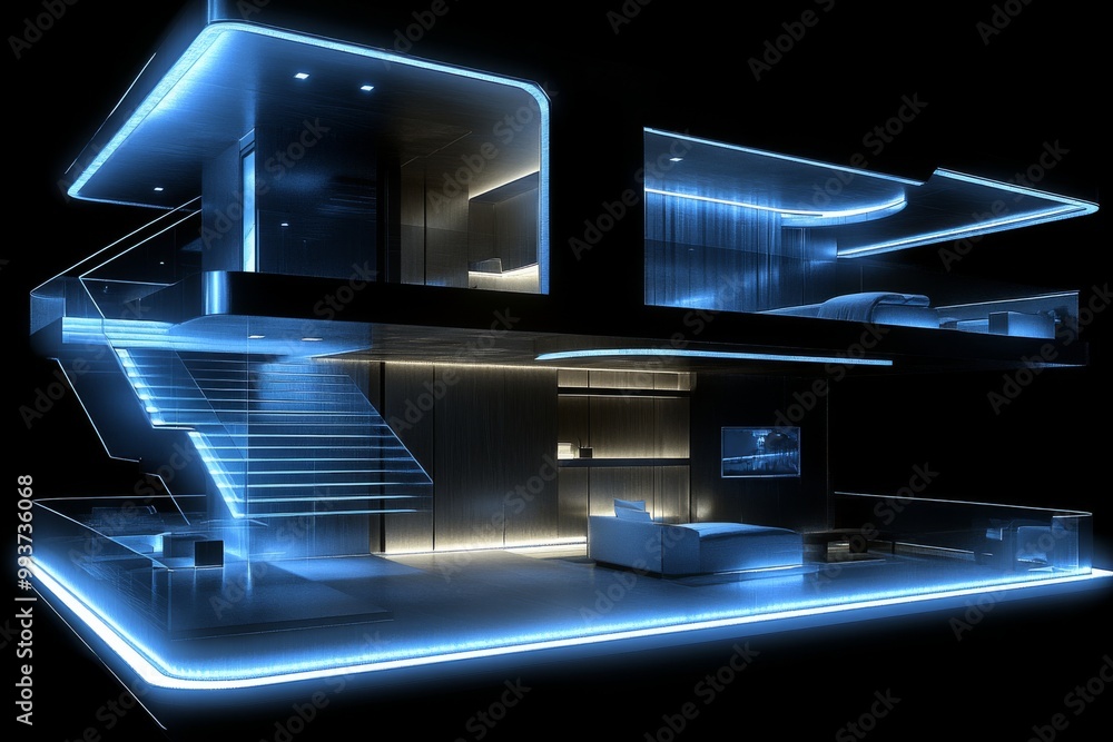 Poster futuristic black and blue neon lit house with sharp angular architecture and reflective glass surfac