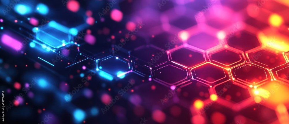 Poster abstract digital illustration featuring hexagonal patterns and vibrant colors.