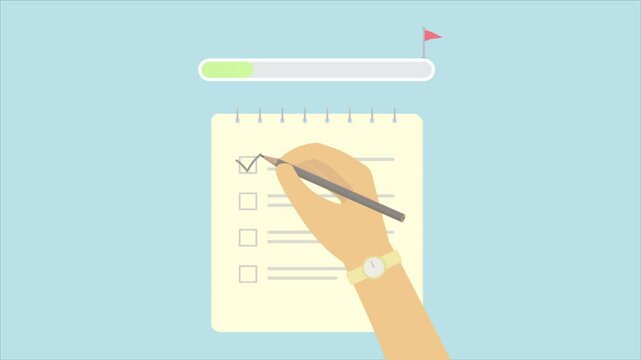 hand complete checklist with milestone progress loading bar. Target and KPi 