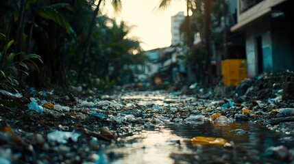 Fototapeta premium A strewn with plastic waste and debris, reflecting environmental pollution and poor sanitation in an urban setting.