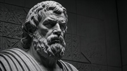 A black and white image of a stoic philosopher sculpture 