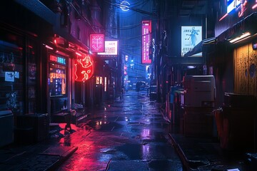 Cyberpunk Street in Tokyo at Night with Neon Signs. AI generated illustration