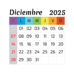 Spanish Calendar Diciembre, 2025 December Calendario Template. Mock Up, Layout Of A Wall Or Desk Simple Calendar
