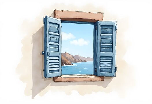 Illustration of a window with a view of the cliff at the river

