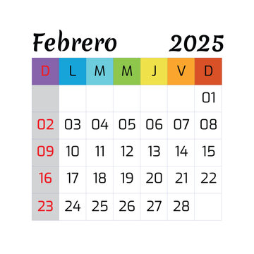 Spanish Calendar Febrero, Calendario  2025 February Template. Mock Up, Layout Of A Wall Or Desk Simple Calendar