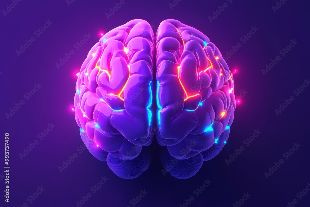 Poster vivid 3d rendering of a glowing human brain with vibrant pink and purple neural connections represen