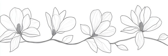 Fototapeta premium Magnolia flowers and branch drawing in one continuous line, simple clipart on a white background.