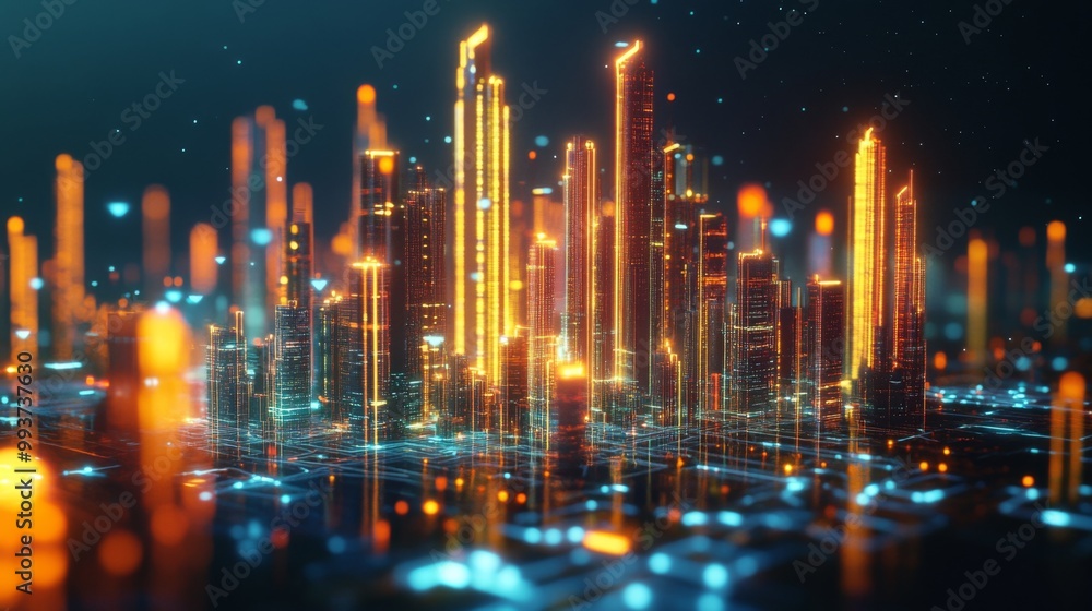 Poster a futuristic cityscape made of glowing 3d bar chart bars, symbolizing data and analytics transformin