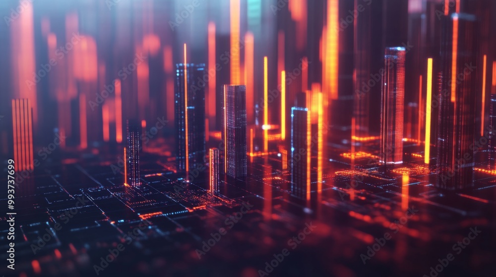 Poster a futuristic cityscape made of glowing 3d bar chart bars, symbolizing data and analytics transformin