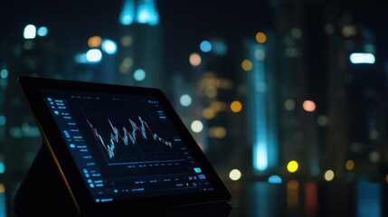 Obraz premium Tablet displaying stock market data with cityscape background
