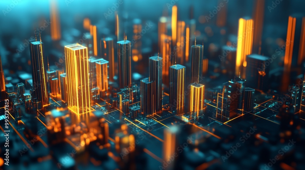 Fototapete A futuristic cityscape made of glowing 3D bar chart bars, symbolizing data and analytics transforming into urban development and technological advancement