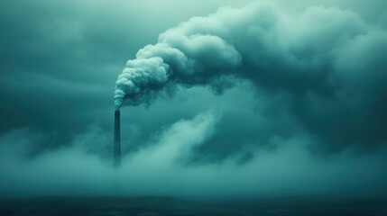 Factory Chimney Emitting Smoke in a Foggy Atmosphere