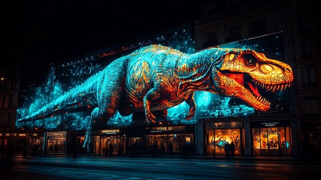 A giant, glowing T-Rex dinosaur projected onto a building facade in an urban environment.