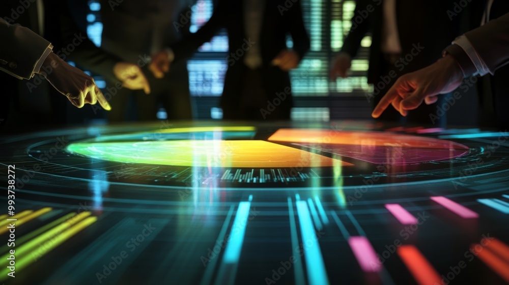Poster a futuristic holographic 3d pie chart projected above a conference table, with businesspeople pointi