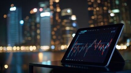 Tablet showing stock market data with city skyline in background