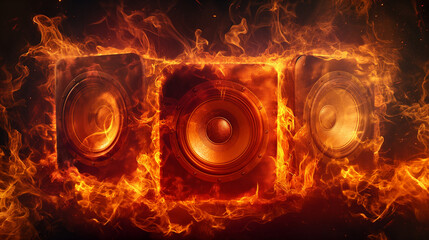 firing or burning speakers with flames, smoke around three speakers on dark background. Hot Music concept.	