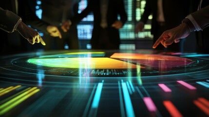 A futuristic holographic 3D pie chart projected above a conference table, with businesspeople pointing at different data segments during a strategy meeting