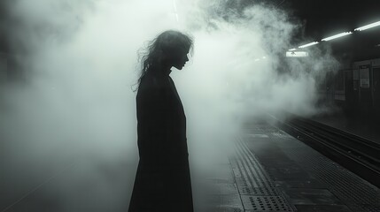 Girl Silhouette in Foggy Subway Station at Night