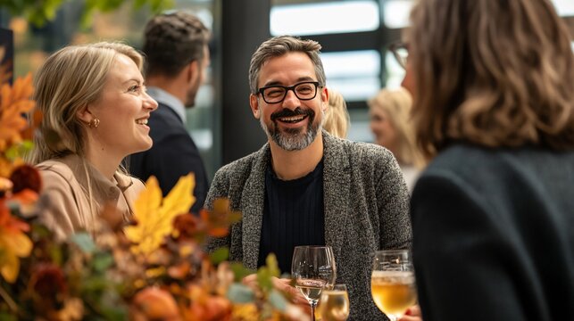 Autumn Seminar: Business Professionals Engaged in Fall-Themed Conference with Seasonal Decor