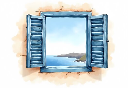 Illustration of a window with a view of the cliff at the river
