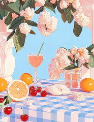 Poster Wall art Acrylic Retro Delicate shades Postcard Cute Nature Minimalism Nature Still life Aesthetics Citrus Cherry Flowers